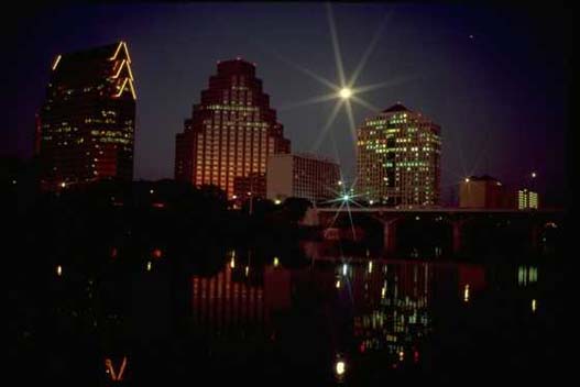 Austin skyline from Town Lake at night